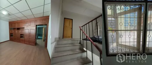 Shophouse for rent in Bang Rak, Bangkok - Room with built-in wooden cabinets, internal staircase and decorative window grille.