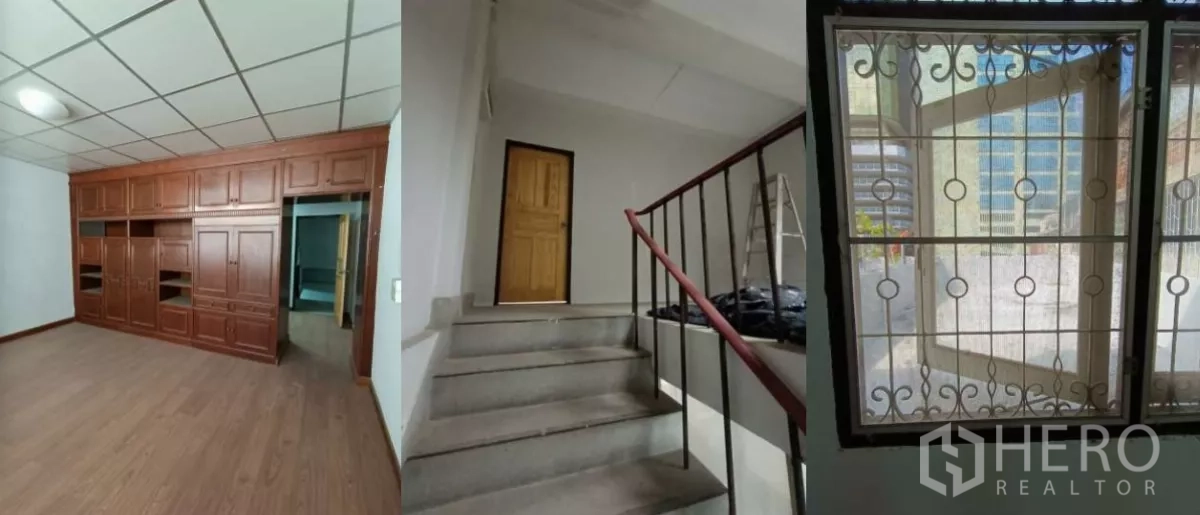 Shophouse for rent in Bang Rak, Bangkok - Room with built-in wooden cabinets, internal staircase and decorative window grille.