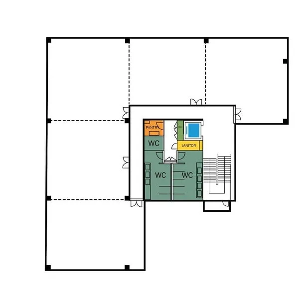 Office Space for rent in Bang Na, Bangkok - Floor plan of a 104 sqm office showing open-plan workspace with pantry, male and female WCs, janitor room, lift core and stairs.