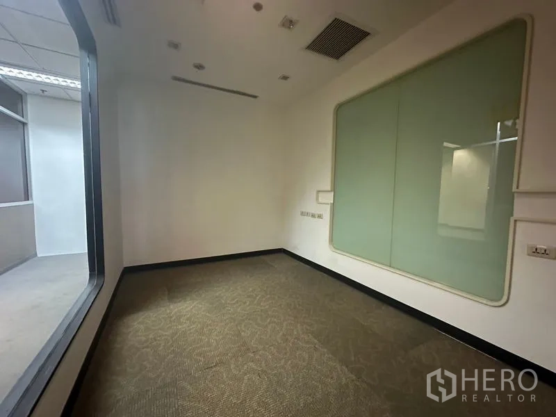 Office Space for rent in Khlong Toei, Bangkok - Small meeting room with green glass board and interior window.
