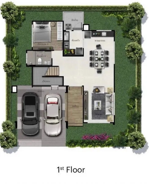 Detached House for sale in Bang Kapi, Bangkok - First-floor plan with open-plan living, dining, kitchen, a ground-floor bedroom and two-car parking.