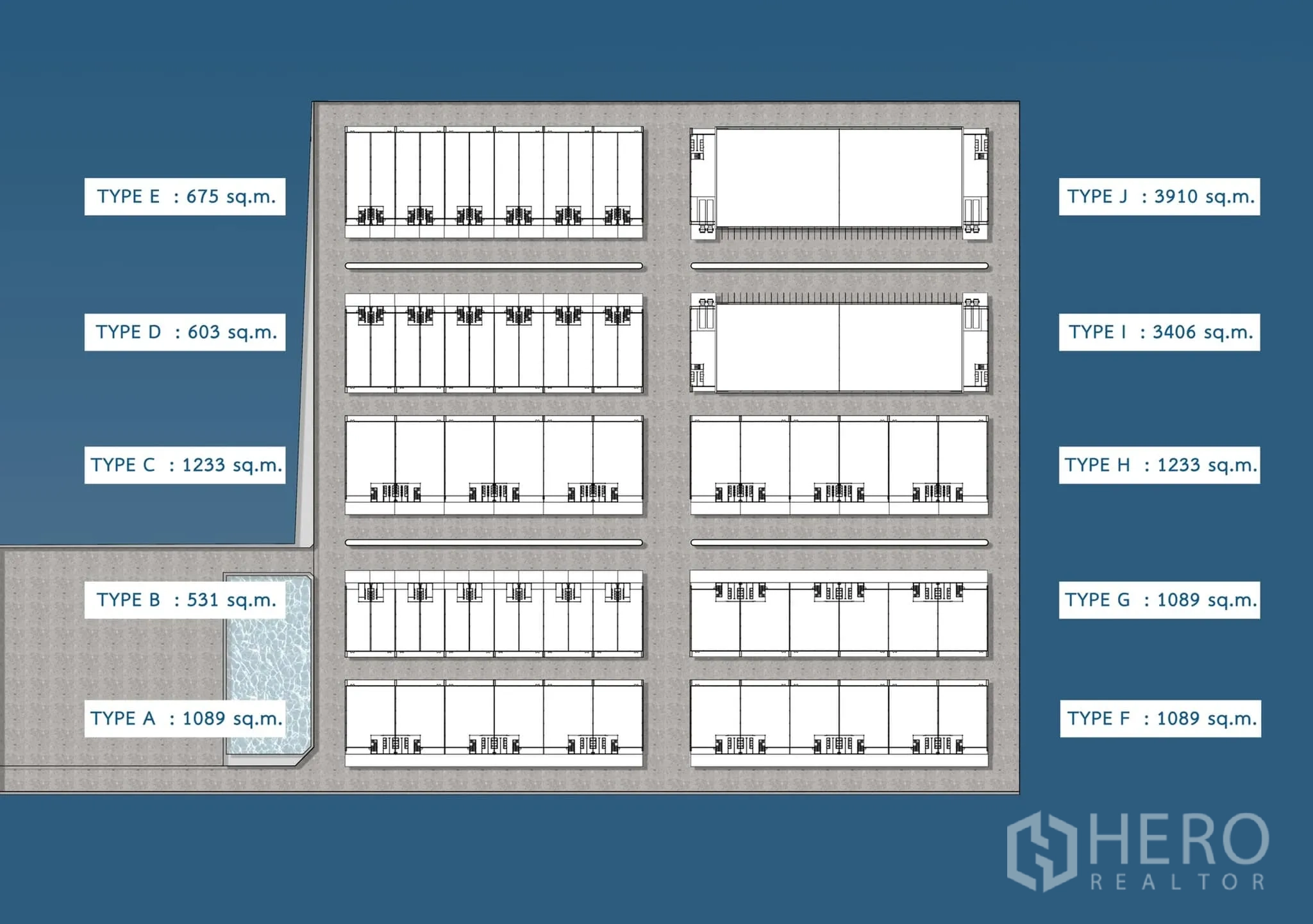 Factory for rent in Khlong Luang, Pathum Thani - Overall site plan labeling blocks for each factory type within the estate