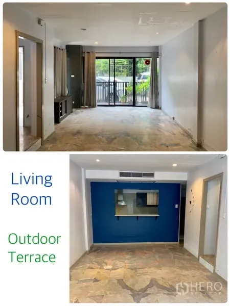 Townhouse for rent in Watthana, Bangkok - Spacious living room opening to an outdoor terrace through wide sliding doors.
