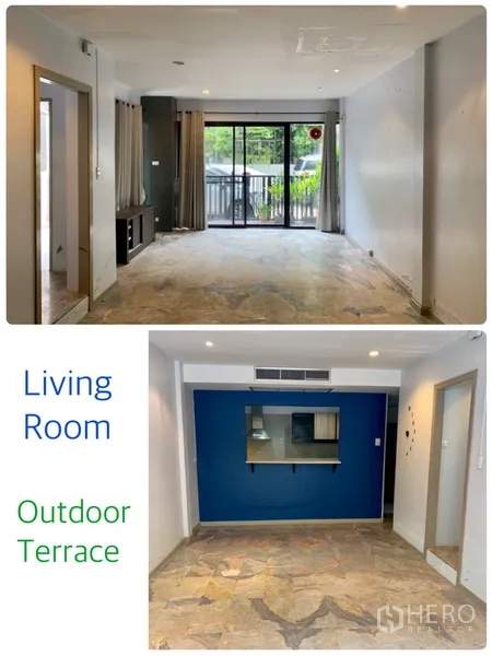 Townhouse for rent in Watthana, Bangkok - Spacious living room opening to an outdoor terrace through wide sliding doors.