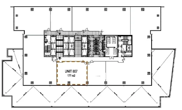 Office Space for rent in Ratchathewi, Bangkok - Floor plan highlighting Unit 807 with 177 sq.m office layout, adjacent to the lift core and service areas.