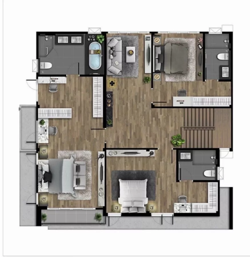 Detached House for rent in Bang Phli, Samut Prakan - Upper-floor plan with three en-suite bedrooms and a family area.