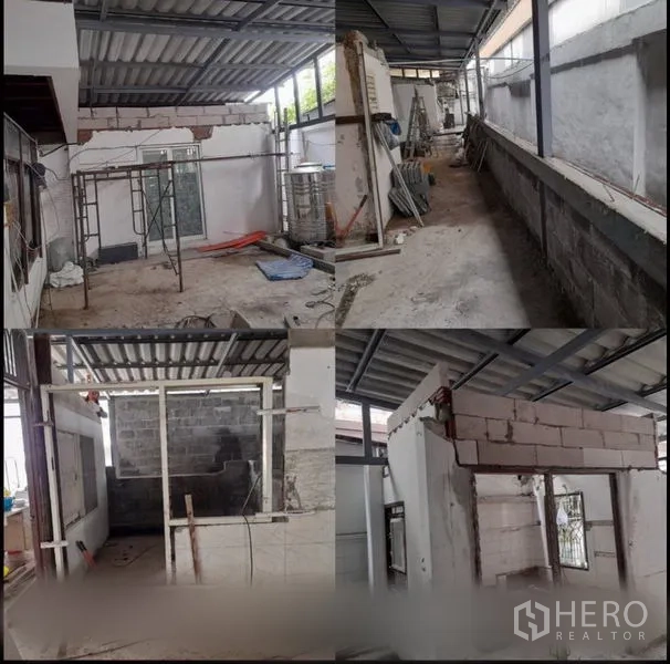 Home Office for rent in Suan Luang, Bangkok - Masonry partitions and a long corridor under a metal roof ready for fit-out.