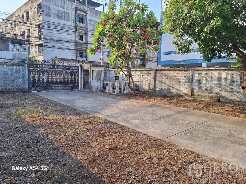 Detached House for rent in Bang Na, Bangkok - Long driveway within walled grounds, mature tree and decorative gate at the end.
