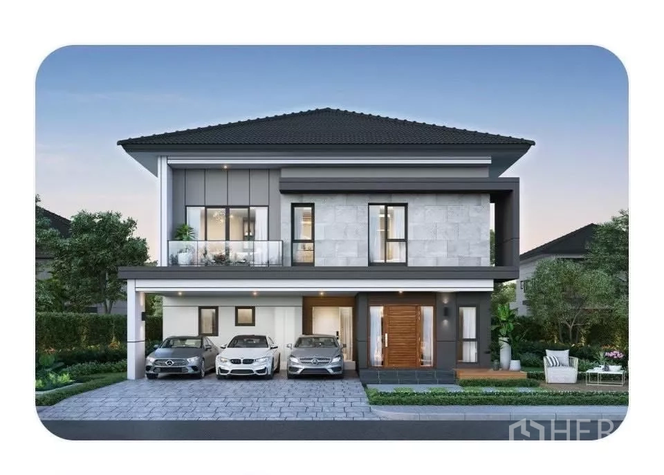 Detached House for rent in Bang Phli, Samut Prakan - Evening project rendering showing the two-storey facade, wide driveway and balcony.