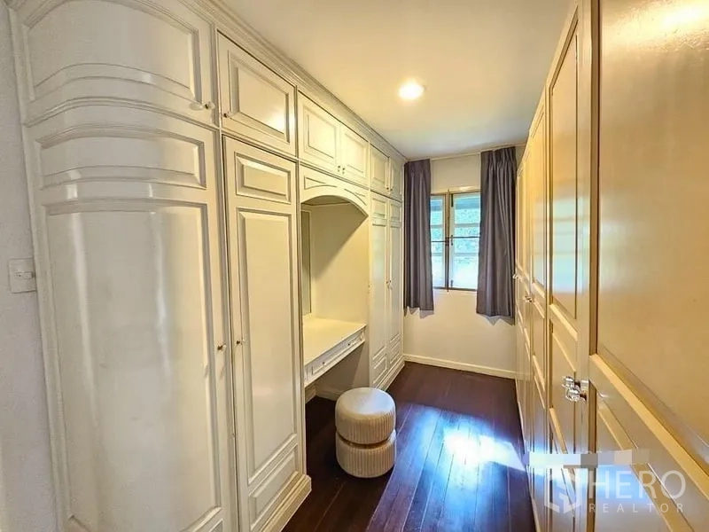 Detached House for rent - Walk-in closet corridor lined with white cabinetry and a dressing nook.