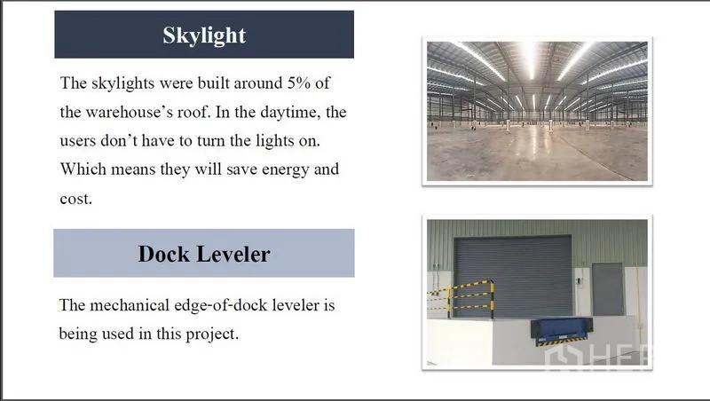 Factory for rent in Mueang Rayong, Rayong - Infographic highlighting skylight roof energy savings and the dock leveler feature with sample photos.