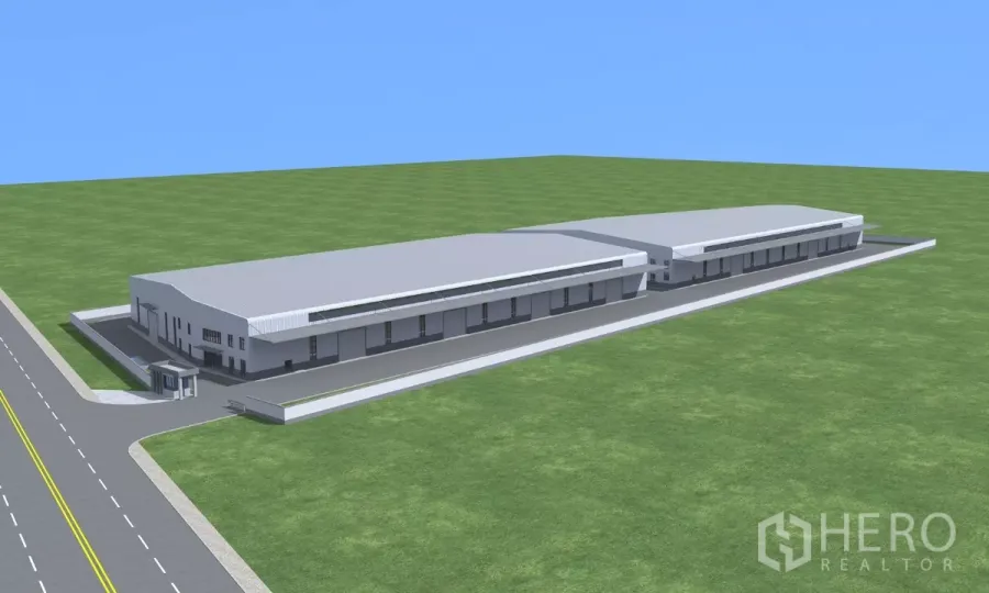 Factory for rent in Chon Buri - Aerial 3D rendering of a twin-bay factory complex with loading docks, guardhouse, perimeter wall, and wide access road in Bo Win, Si Racha.