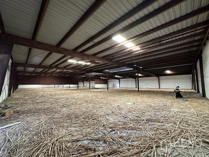 Warehouse for rent in Samut Prakan - Expansive mezzanine storage zone with metal roof structure and bright industrial lighting.