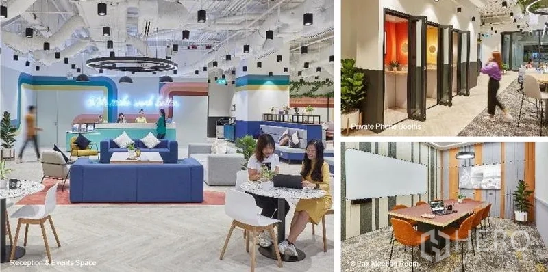 Office Space for rent in Pathum Wan, Bangkok - Collage of reception and event lounge, private phone booths, and a meeting room with whiteboard and modern chairs.