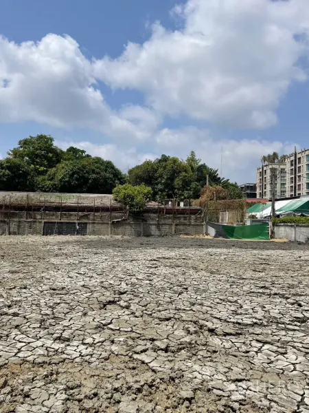 Land for sale in Phra Khanong, Bangkok - Wide view of a cleared 196 sqw plot in Phra Khanong near BTS Punnawithi, cracked ground, boundary wall, greenery and nearby low‑rise condos under a blue sky.