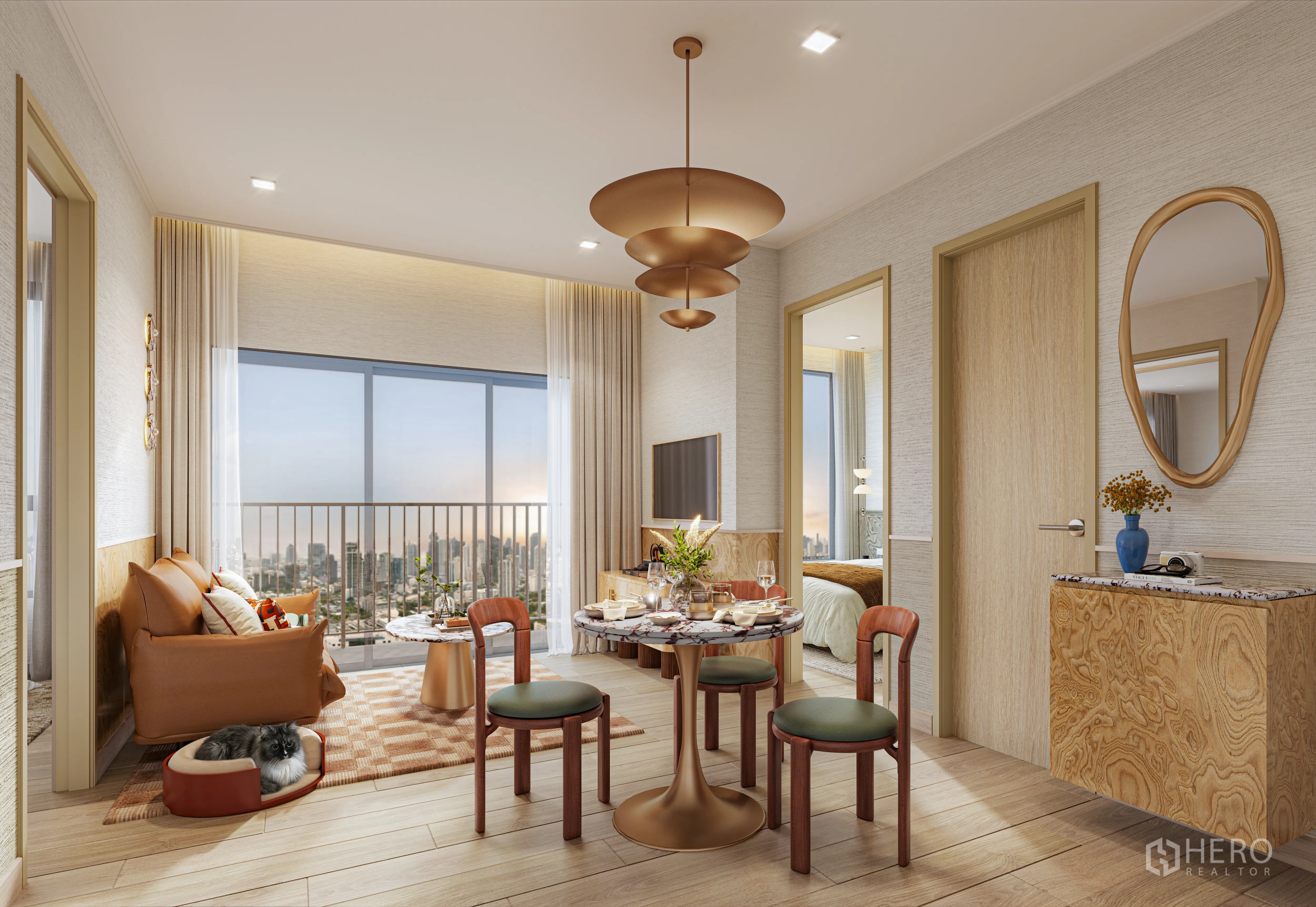 Condominium for sale in Watthana, Bangkok - Bright living and dining room with city-view balcony, round dining table, pendant light, wood floors, and a doorway leading to the bedroom.