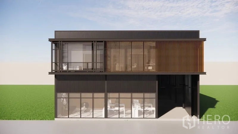 Warehouse for rent in Lam Luk Ka, Pathum Thani - 3D exterior rendering of a modern two-storey warehouse with glass and timber screens.
