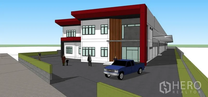 Warehouse for rent or sale in Lam Luk Ka, Pathum Thani - Perspective 3D render showing driveway and parking in front of the warehouse.