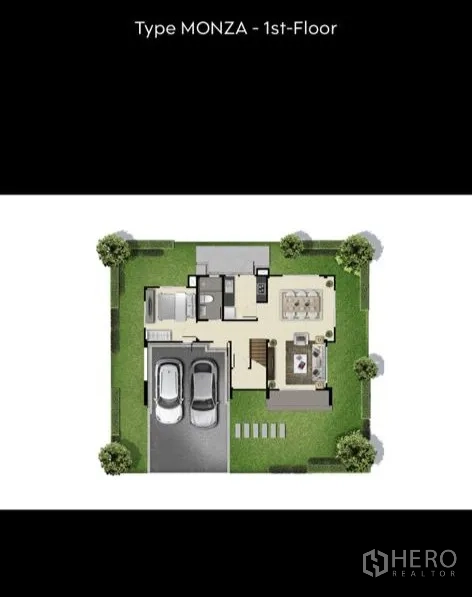 Detached House for sale in Prawet, Bangkok - First-floor plan showing two-car parking, living area, kitchen and garden layout.