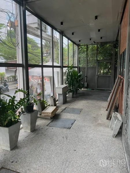 零售空间 出租在Watthana, Bangkok - 带玻璃立面的遮蔽走廊与绿植，临街店铺入口