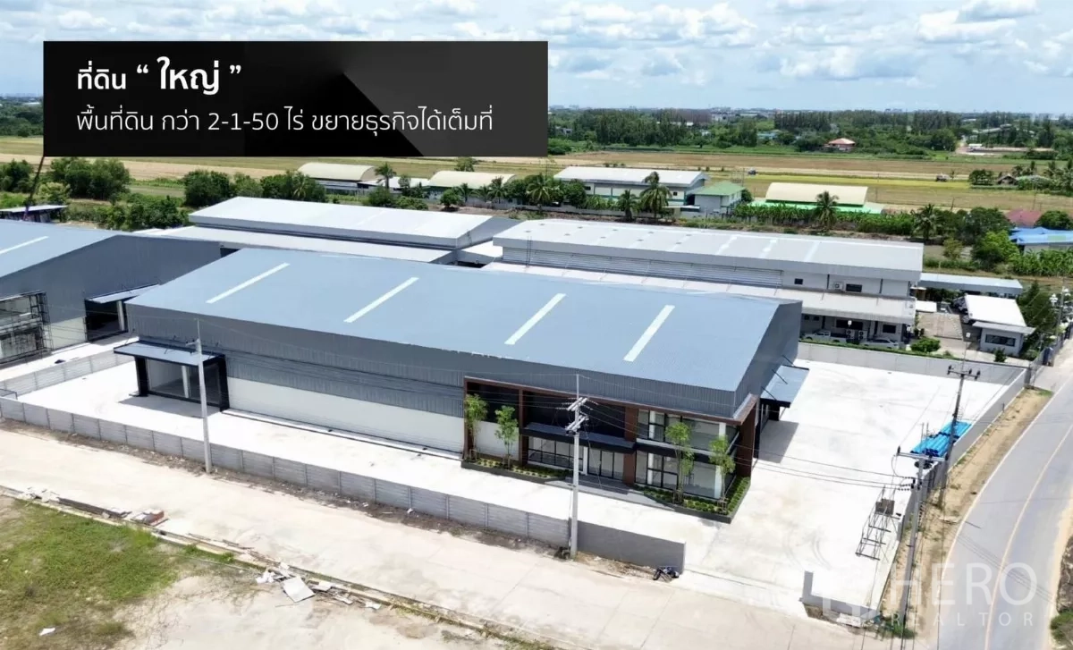 Factory for rent or sale in Phutthamonthon, Nakhon Pathom - Aerial view of the factory compound showing large hardstand yard and surrounding roads.