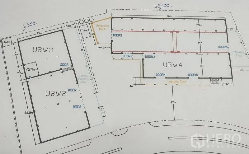 Warehouse for rent in Chon Buri - Floor plan of Si Racha warehouse showing UBW2–UBW4 units with office, toilets, and multiple loading and unloading docks.