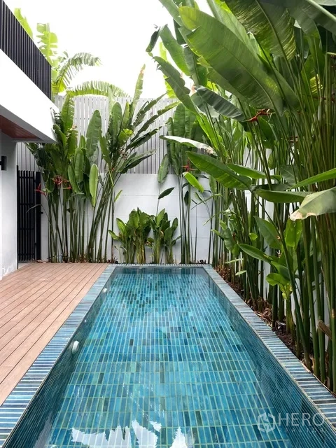 Detached House for rent in Watthana, Bangkok - Narrow private lap pool with blue tiles and tall greenery.