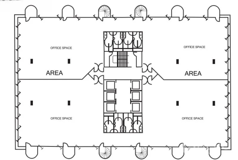 Office Space for rent in Bangkok - Office floor plan with central core of lifts and restrooms and open-plan work areas on both sides.