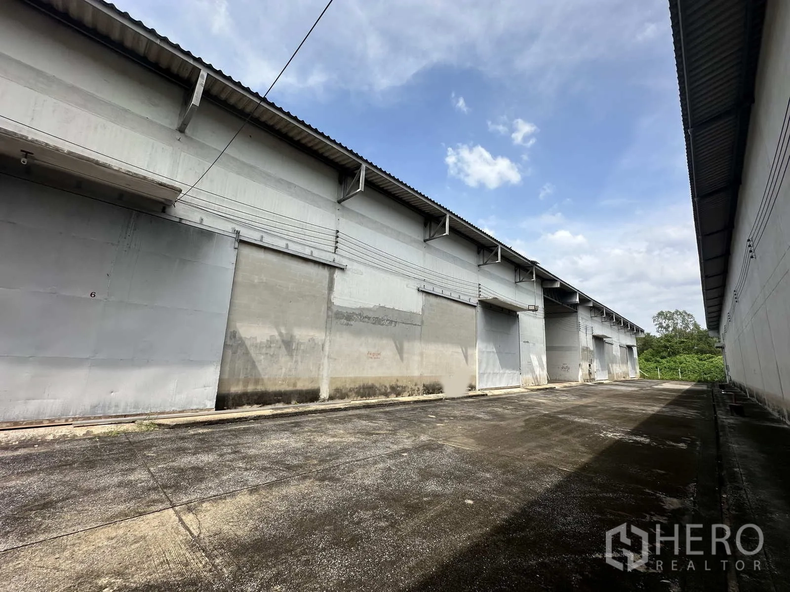 Warehouse for rent in Phra Nakhon Si Ayutthaya - Exterior corridor of multiple warehouse bays with sliding metal doors.