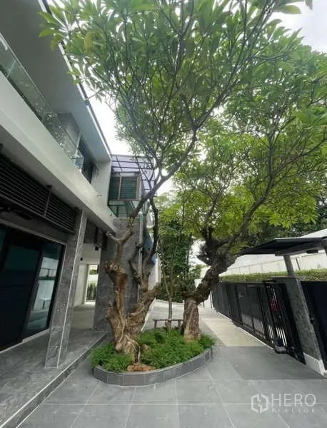 Detached House for sale in Khlong Toei, Bangkok - Side garden with tall trees and a modern facade with glass balcony.