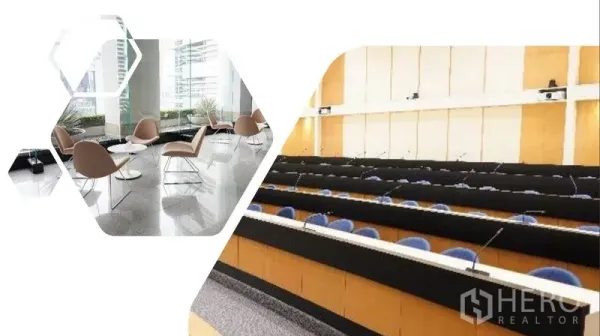 Office Space for rent in Bang Rak, Bangkok - Building amenities featuring a lounge seating area and a conference auditorium.