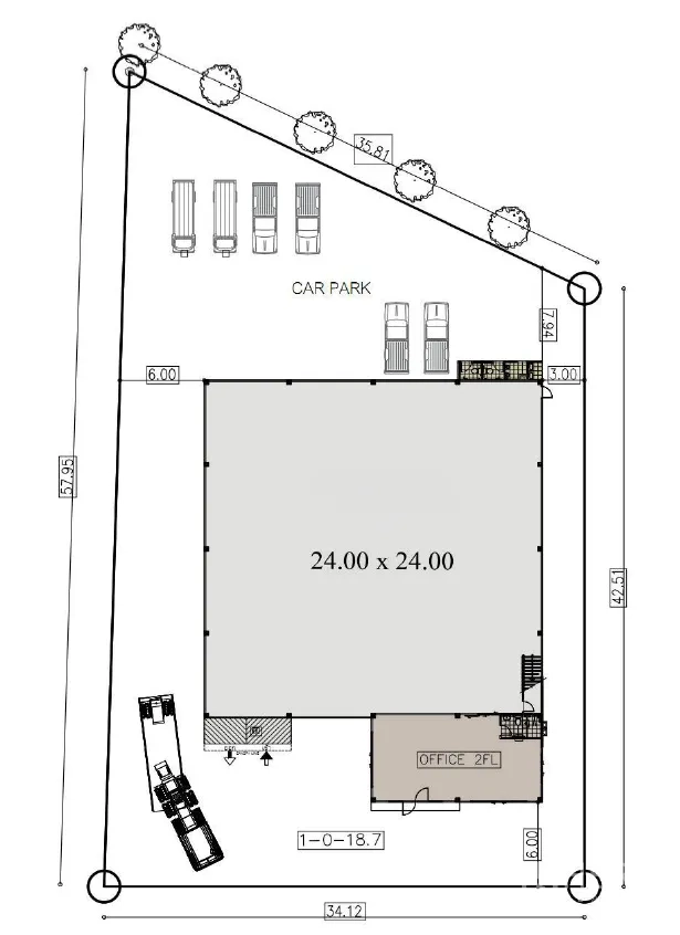 工厂 for rent or sale in Bang Sao Thong, Samut Prakan - 场地平面图，含24×24米主厂房、两层办公楼、车道与停车区。