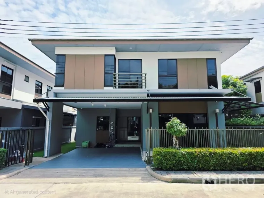 Detached House for rent in Prawet, Bangkok - Modern two-storey detached house with covered two-car carport and gated frontage in Prawet, Bangkok.