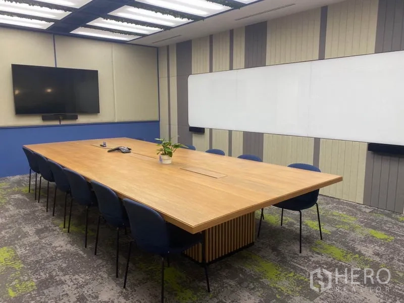 Office Space for rent in Pathum Wan, Bangkok - Executive boardroom with an oversized wooden conference table, TV and a long whiteboard.