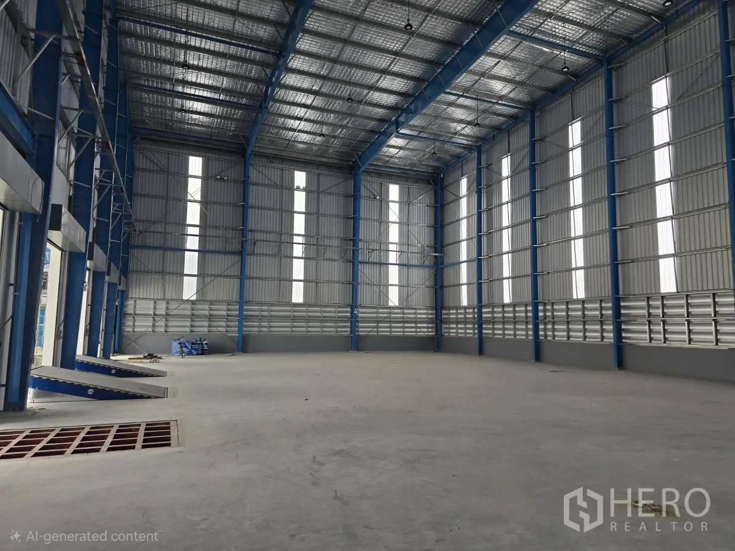 Factory for rent in Si Racha, Chon Buri - High-ceiling warehouse interior with steel beams, insulated roof, tall vertical windows and dock platforms.
