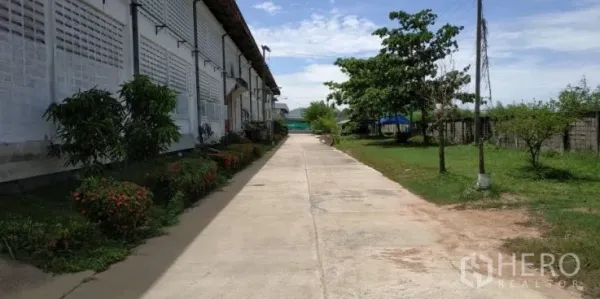 โรงงาน ให้เช่าในChachoengsao - ทางเดินคอนกรีตข้างอาคารโรงงาน มีต้นไม้และสวนจัดแต่ง