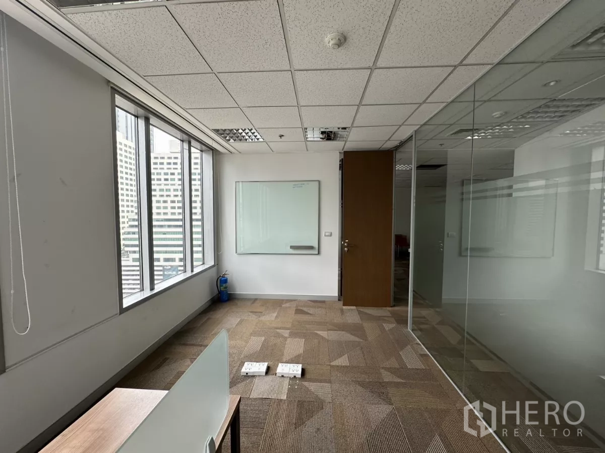 Office Space for rent in Watthana, Bangkok - Office room with whiteboard, glass wall and window, showing floor outlets.