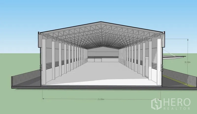 Warehouse for rent or sale in Lam Luk Ka, Pathum Thani - Cutaway 3D section of the warehouse showing roof trusses and clear-span space.