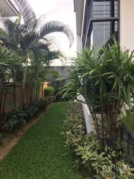 Detached House for rent in Bang Kapi, Bangkok - Lush side garden with manicured lawn and tropical plants beside the house.