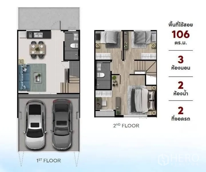 Townhouse for rent in Bang Phli, Samut Prakan - Two-storey townhouse floor plan showing three bedrooms, two bathrooms and two-car parking layout.
