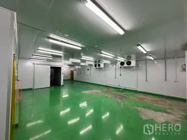 Warehouse for rent in Khlong Luang, Pathum Thani - Large insulated cultivation room with multiple cooling units and LED lighting.