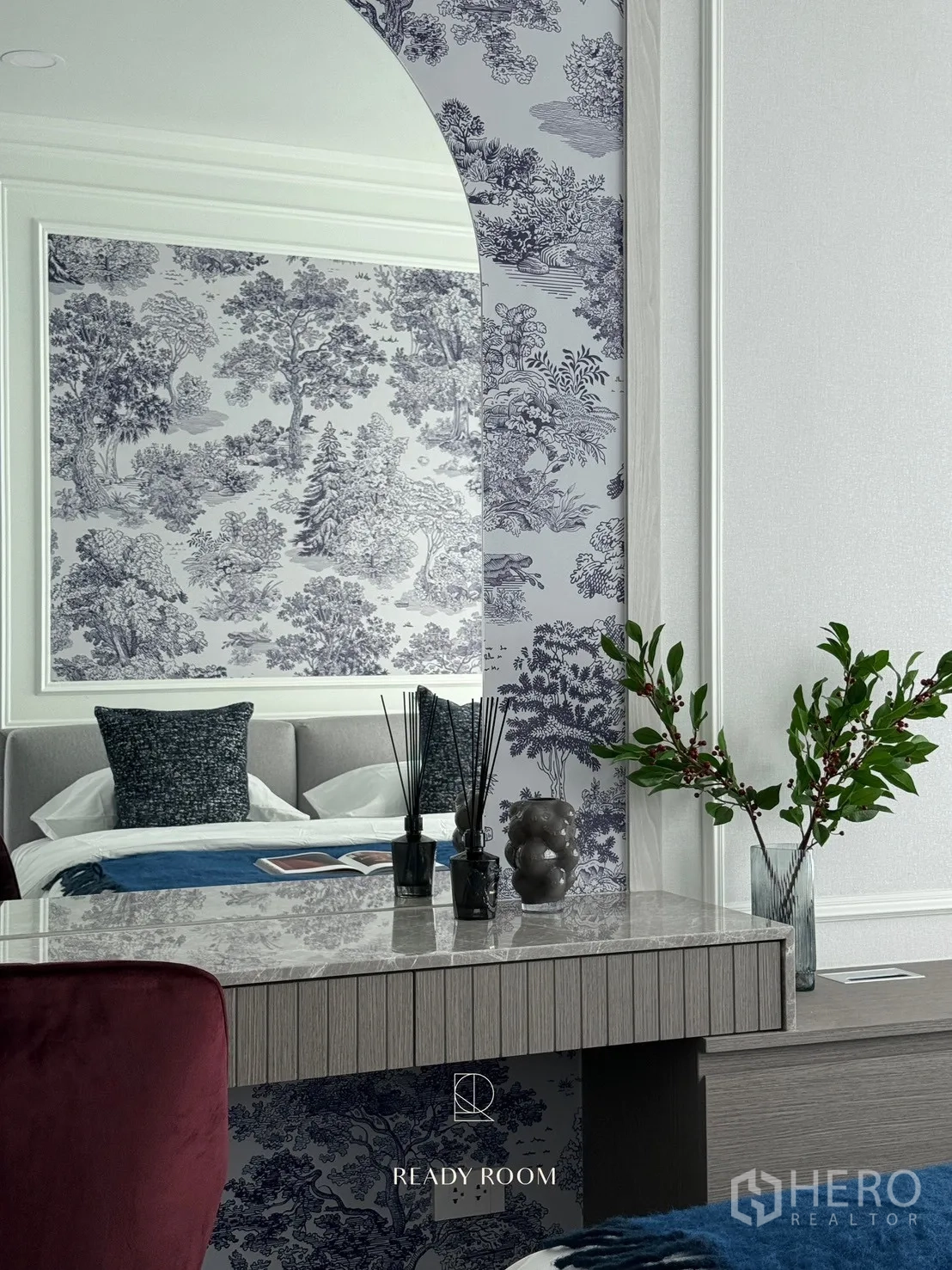 Detached House for rent or sale in Bang Phli, Samut Prakan - Primary suite vanity with marble top, arched mirror and botanical toile wallpaper.