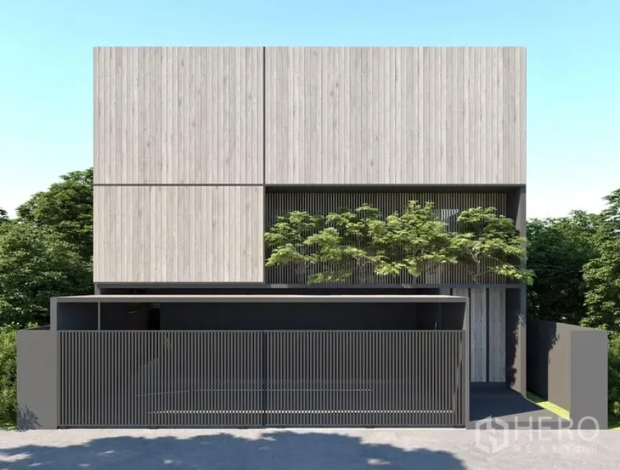 Detached House for rent or sale in Bangkok - Modern minimalist detached house facade with vertical timber cladding and slatted gate.