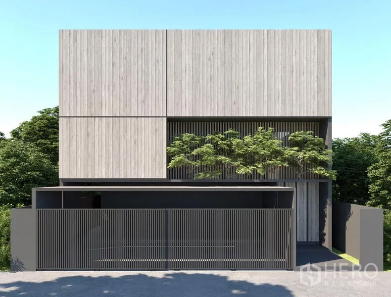 Detached House for rent or sale in Bangkok - Modern minimalist detached house facade with vertical timber cladding and slatted gate.
