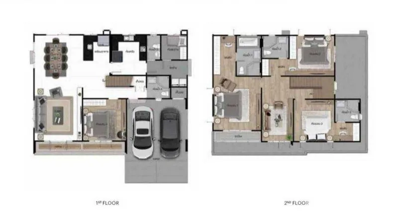 Detached House for rent or sale in Lam Luk Ka, Pathum Thani - Two-storey house floor plan showing first and second levels and double carport.