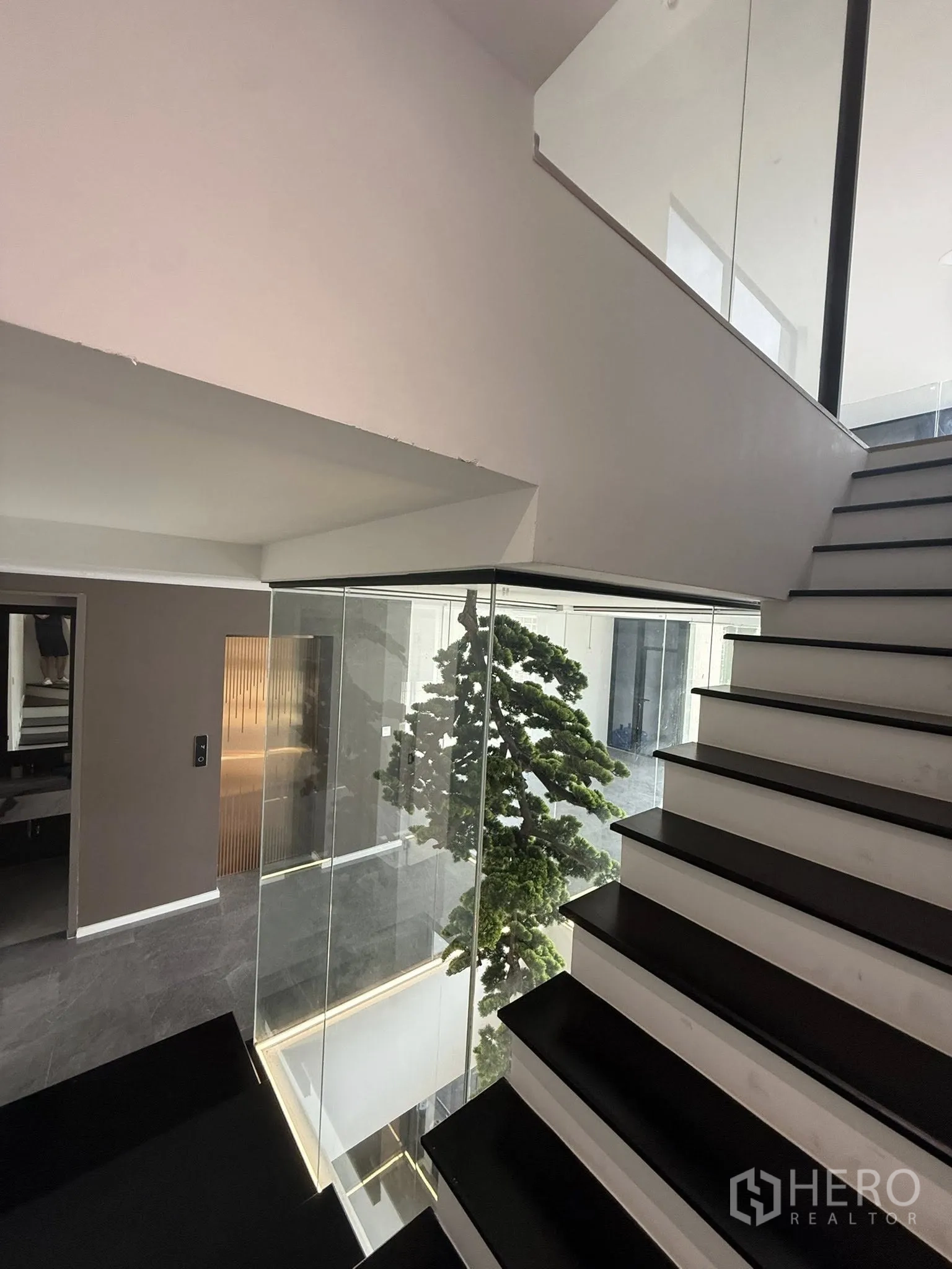 Home Office for rent or sale in Lat Phrao, Bangkok - Staircase bordered by glass walls beside an indoor lightwell with a tall tree feature.