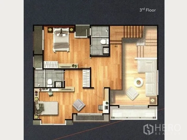 Detached House for sale in Suan Luang, Bangkok - Third‑floor plan depicting two bedrooms, two bathrooms, and a family area with terrace.