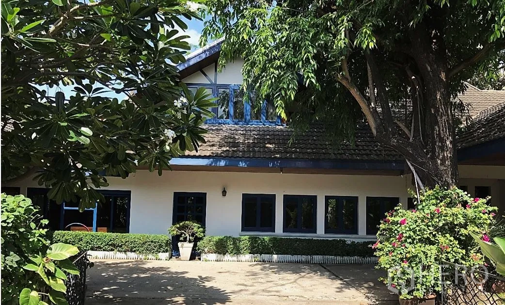 Detached House for rent in Khlong Toei, Bangkok - Shaded exterior of a detached house with gabled roof, blue-trim windows, and mature trees.