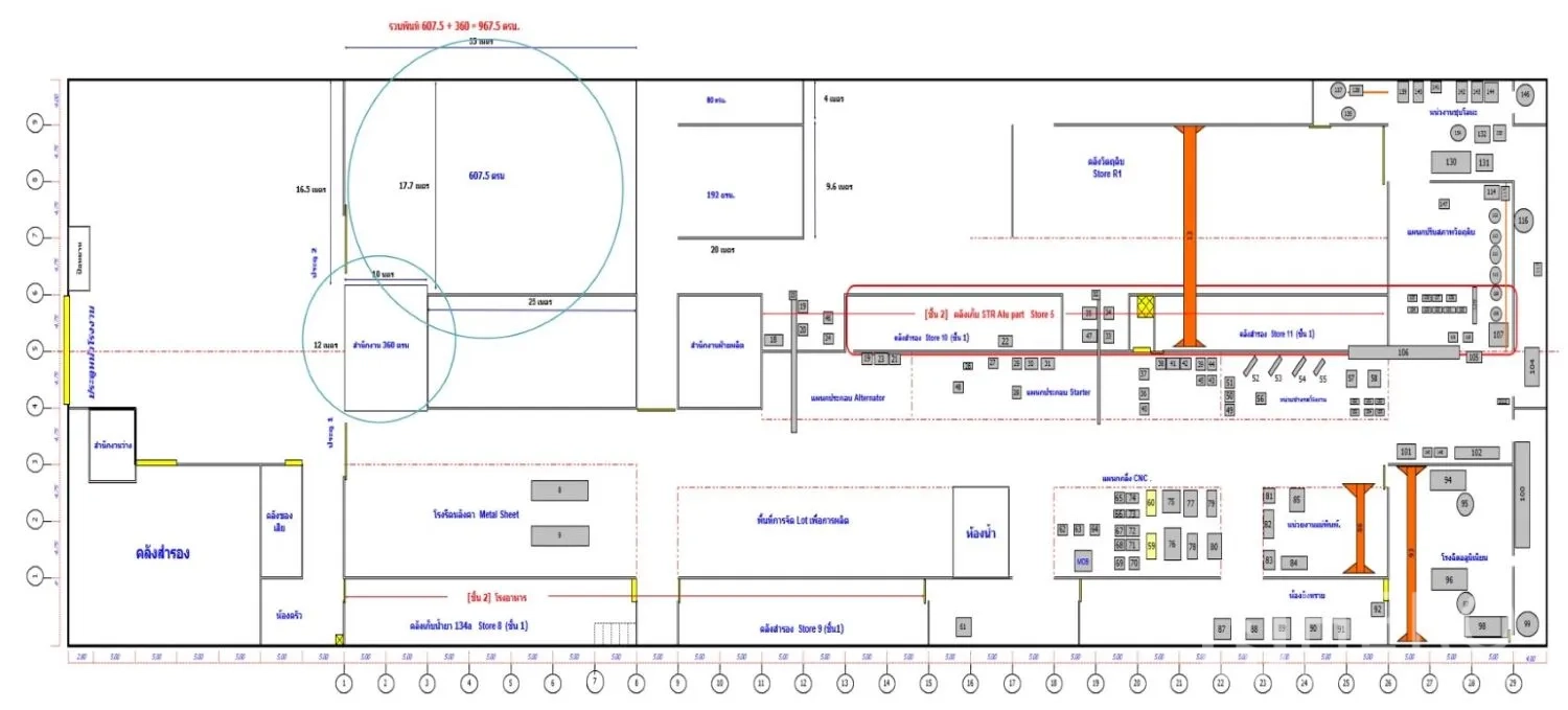 Factory for rent in Lam Luk Ka, Pathum Thani - Factory floor plan showing production zones and storage areas.