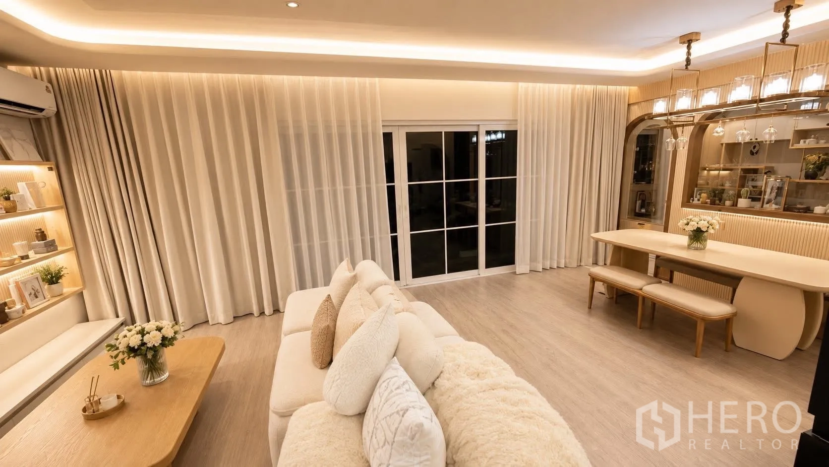 Detached House for rent or sale in Bang Phli, Samut Prakan - Cozy living and dining room with sofa, built-in shelves, long table, and sliding glass doors.